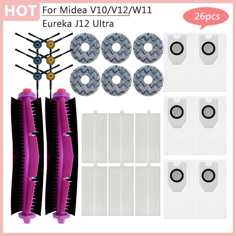 For Midea V10 V12 W11 Robot Vacuum Cleaner Eureka J12 Ultra Main Side Brush Hepa Filter Dust Bag Rag Accessories Parts