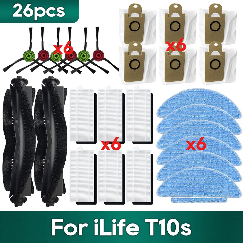Compatible For iLife T10s Robot Vacuums Replacement Spare Parts Accessories Main Side Brush Hepa Filter Mop Cloth Wipe Dust Bag