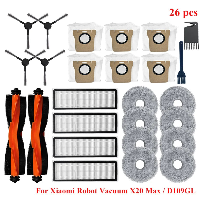 For Xiaomi Robot Vacuum X20 Max / D109GL Parts Main Brush Side Brush Hepa Filter Mop Cloth Dust Bag Replacement Accessories