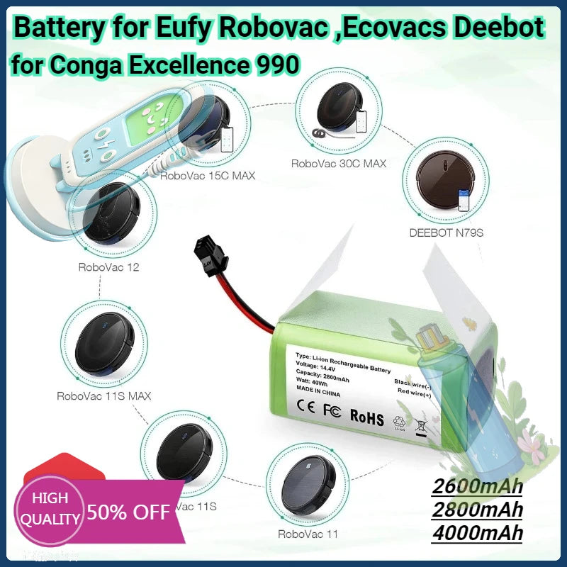 2600mAh/4000mAh Robot Vacuum Cleaner Battery for Conga Excel