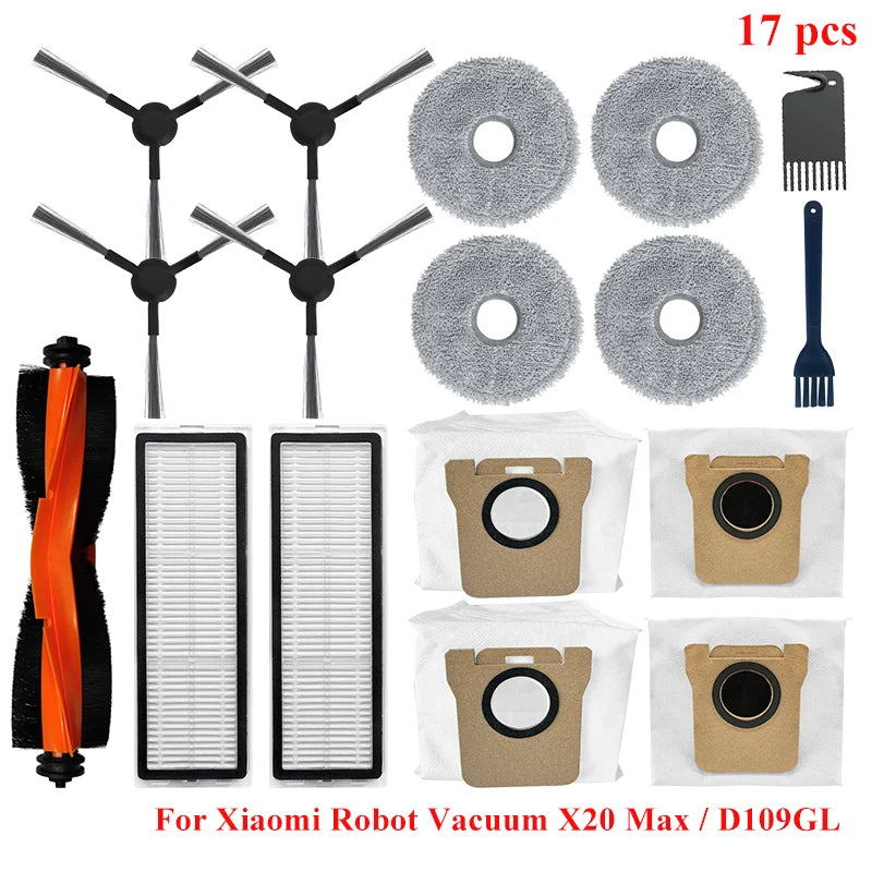 For Xiaomi Robot Vacuum X20 Max / D109GL Parts Main Brush Side Brush Hepa Filter Mop Cloth Dust Bag Replacement Accessories