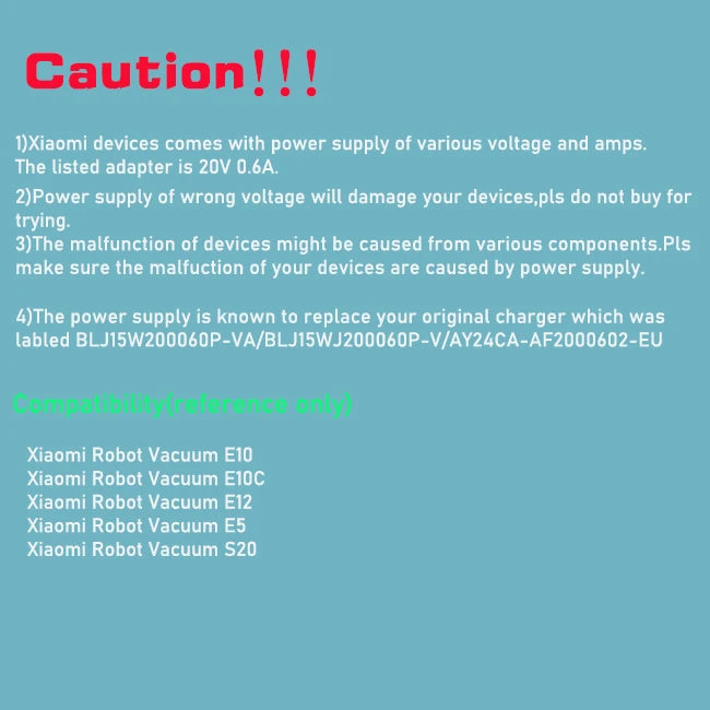 EU Power Supply for Xiaomi Robot Vacuum E10 E10C E12 B112 E5 S20 D106 Xiaomi Robot Vacuum Power Cord Lead Power Adapter 20V 0.6A