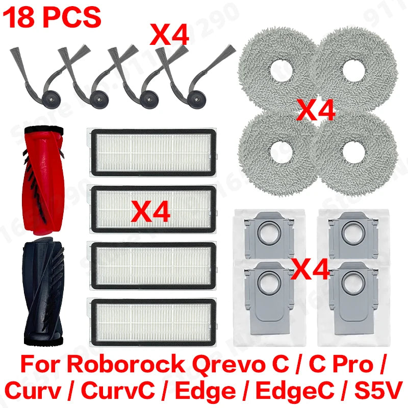 Roborock Qrevo C/C Pro/Curv/CurvC/Edge/EdgeC/S5V Compatible Main Side Brush Mop Cloth Dust Bag & Filter Set