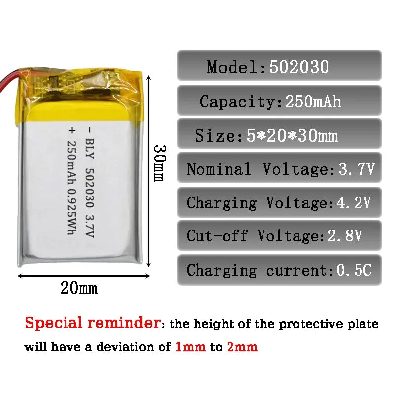 502030 Battery 3.7V 250mAh Lipo Polymer Rechargeable Li-ion 