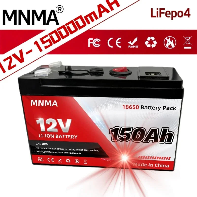 12V LiFePO4 UPS Battery 150Ah Built-in BMS Deep Cycle Release for Solar Energy RV Ship off Grid Appliances with Charger