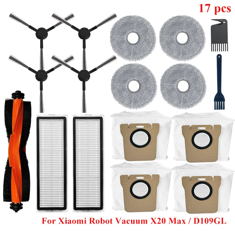For Xiaomi Robot Vacuum X20 Max / D109GL Parts Main Brush Side Brush Hepa Filter Mop Cloth Dust Bag Replacement Accessories