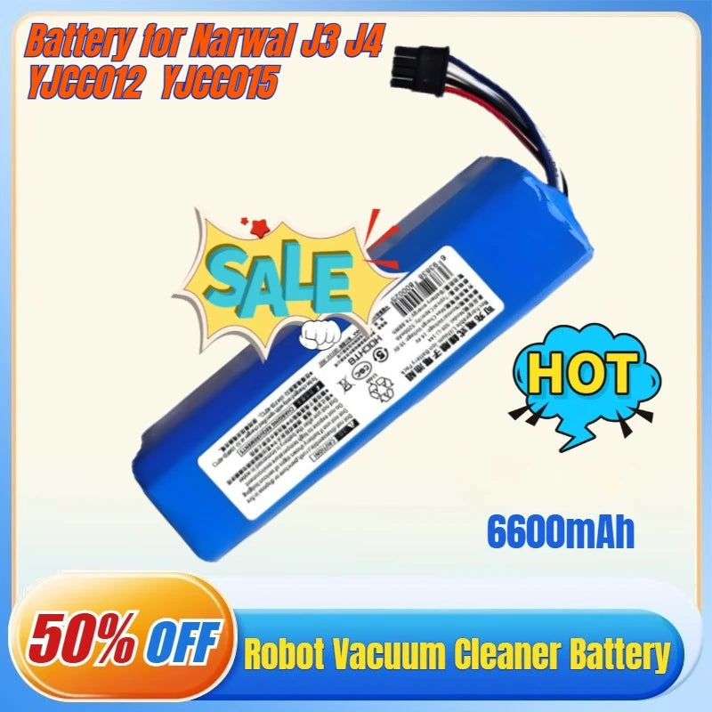 New 14.4V/14.8V 5200mAh 6600mAh Rechargeable Li-ion Battery for Narwal J3 J4 YJCC012 YJCC015 Robot Vacuum Cleaner Battery Pack