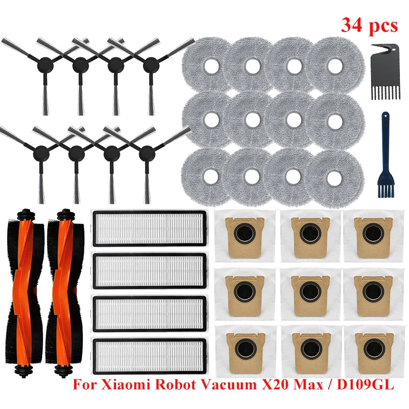 For Xiaomi Robot Vacuum X20 Max / D109GL Parts Main Brush Side Brush Hepa Filter Mop Cloth Dust Bag Replacement Accessories