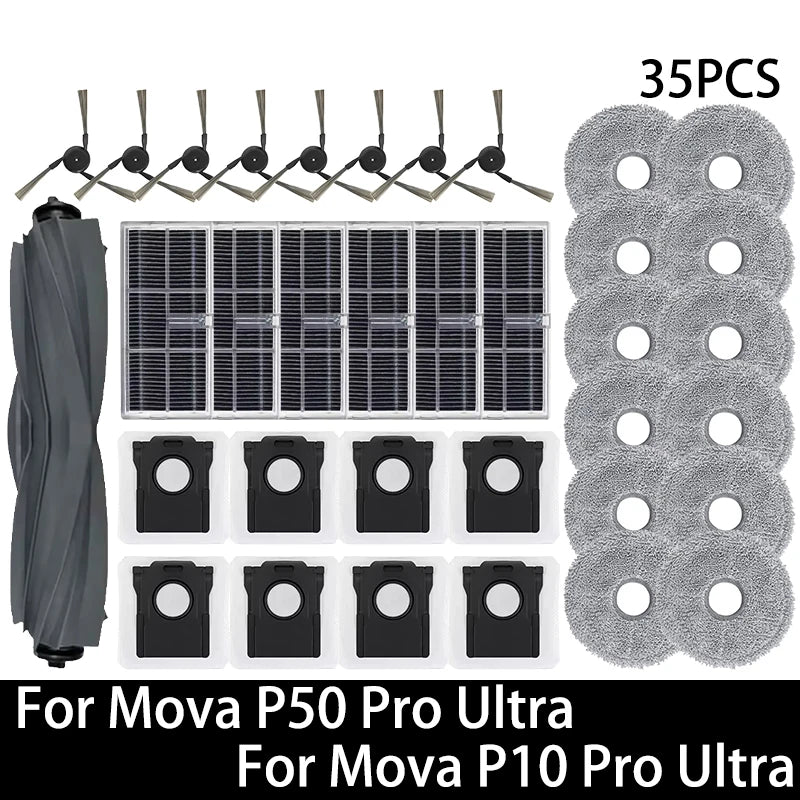 For Mova P50 Pro Ultra / Mova P10 Pro Ultra Robot Vacuum Spare Parts Main Side Brush Hepa Filter Mop Cloth Dust Bag Accessories