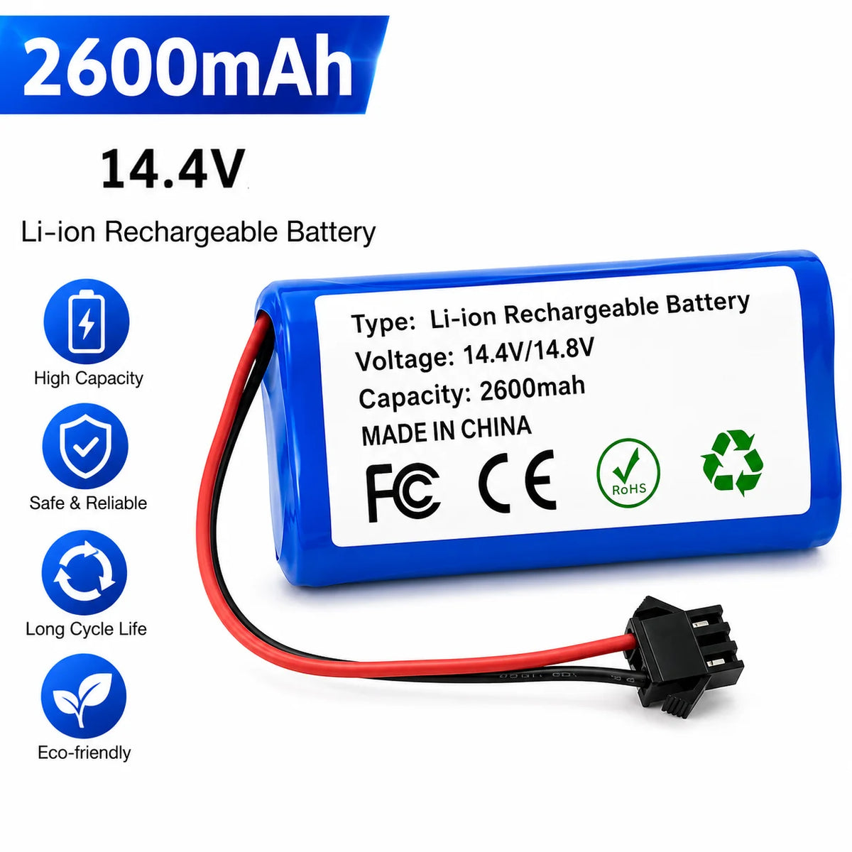 14.4V 2600mAh Li-ion Replacement Battery for Robot Vacuum De