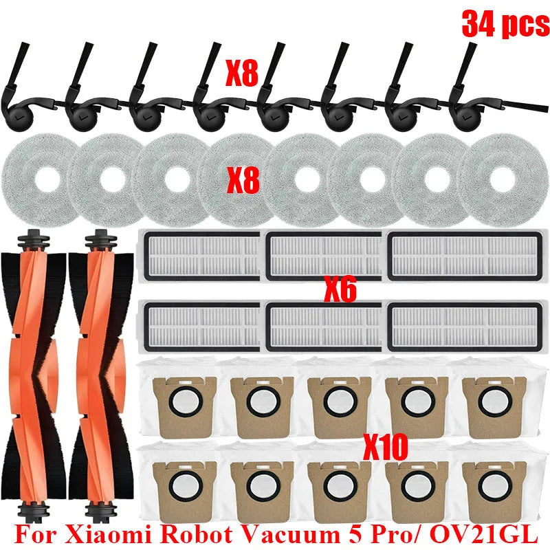 Fit For Xiaomi Robot Vacuum 5 Pro/ OV21GL Robot Vacuum Cleaner Main Side Brush Hepa Filter Mop Cloths Dust Bag Replacement Parts