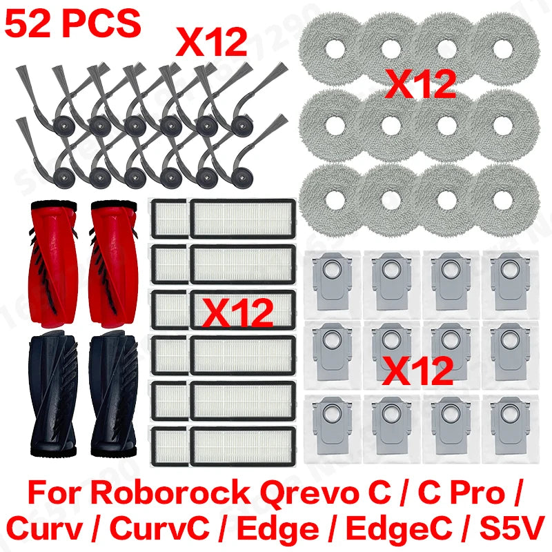 Roborock Qrevo C/C Pro/Curv/CurvC/Edge/EdgeC/S5V Compatible Main Side Brush Mop Cloth Dust Bag & Filter Set