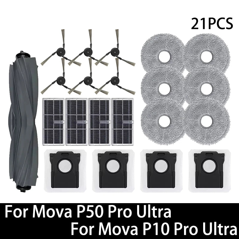 For Mova P50 Pro Ultra / Mova P10 Pro Ultra Robot Vacuum Spare Parts Main Side Brush Hepa Filter Mop Cloth Dust Bag Accessories