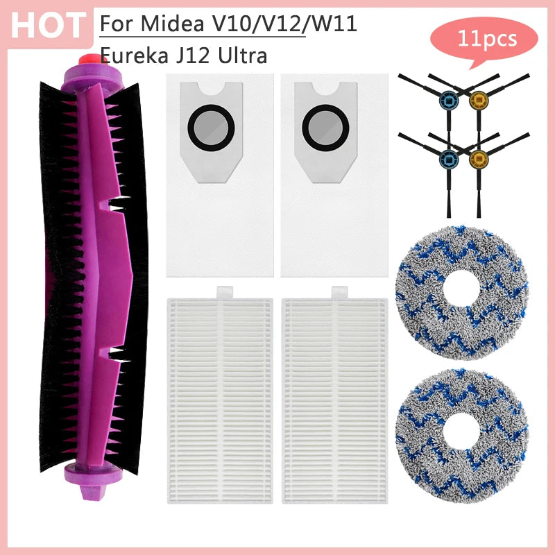 For Midea V10 V12 W11 Robot Vacuum Cleaner Eureka J12 Ultra Main Side Brush Hepa Filter Dust Bag Rag Accessories Parts