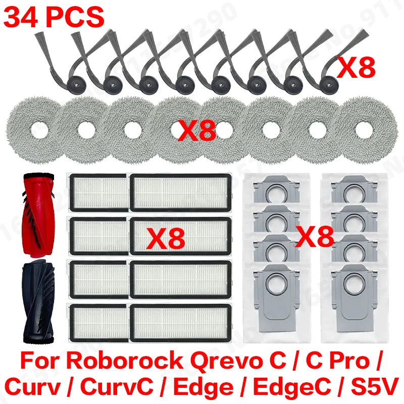 Roborock Qrevo C/C Pro/Curv/CurvC/Edge/EdgeC/S5V Compatible Main Side Brush Mop Cloth Dust Bag & Filter Set