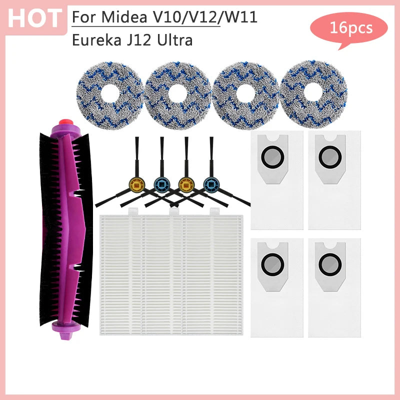 For Midea V10 V12 W11 Robot Vacuum Cleaner Eureka J12 Ultra Main Side Brush Hepa Filter Dust Bag Rag Accessories Parts